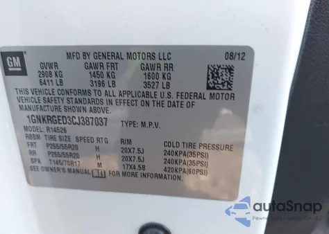 2012 Chevrolet Traverse 1Lt z USA, uszkodzony, nr VIN 1GNKRGED3CJ387037